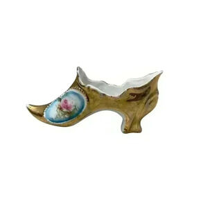 Vintage Victorian Porcelain Mini Shoe Gold & Pink Painted with Pink Rose Rare